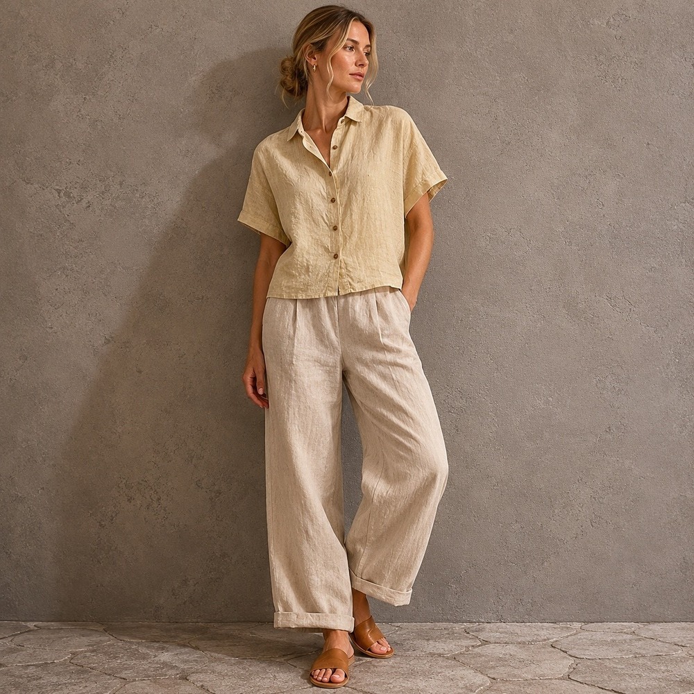 Eileen Fisher Organic Linen Button Front Shirt Point Collar Sz M Flax